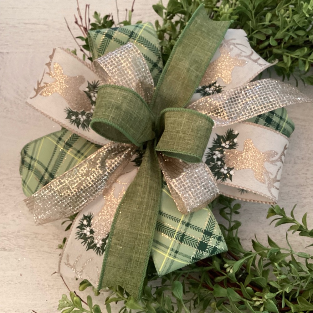 Green & Gold Xmas Deer Bow, Wreath Bow, Wreath Accent, Lantern Bow, & Xmas Bow